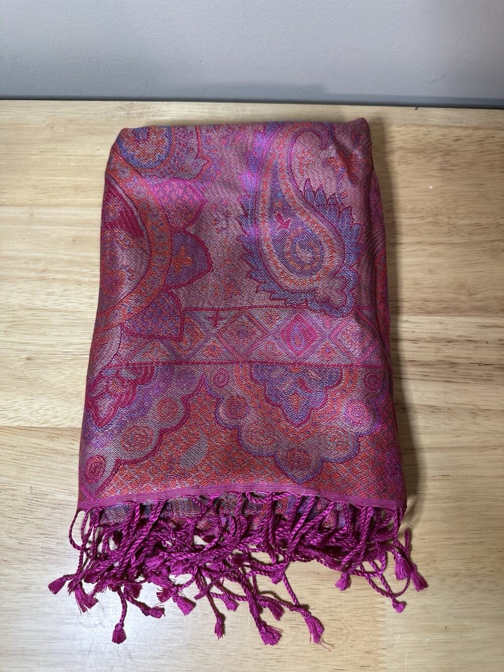 Kashmir 100% Silk Paisley Scarf Wrap Purple Pink Fringe Made in India